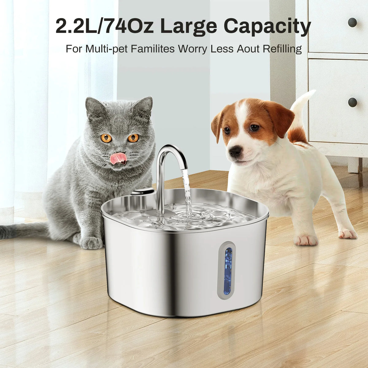 Cat Water Fountain — 2.2L Stainless Steel, Ultra Quiet | Yippo