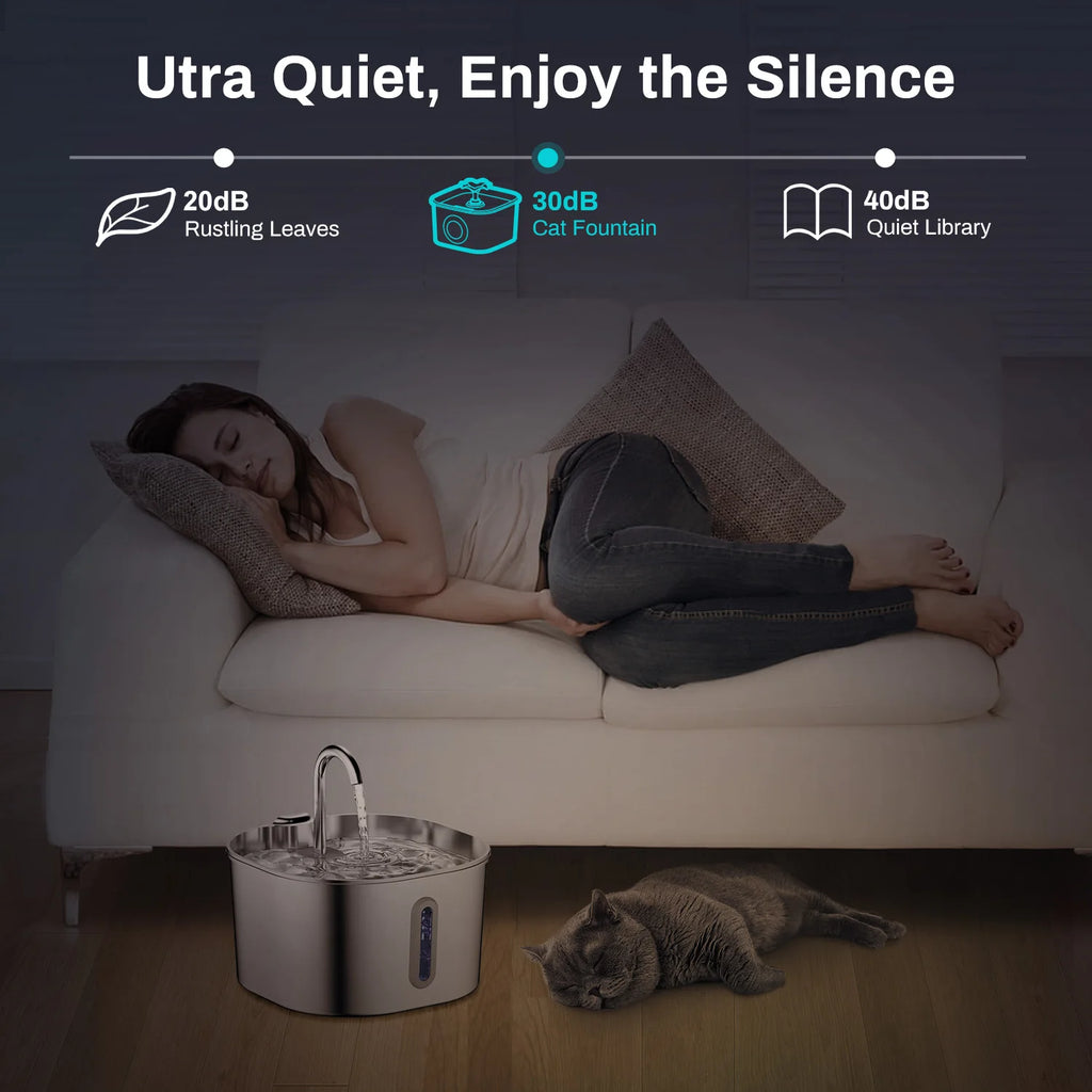 Cat Water Fountain — 2.2L Stainless Steel, Ultra Quiet | Yippo