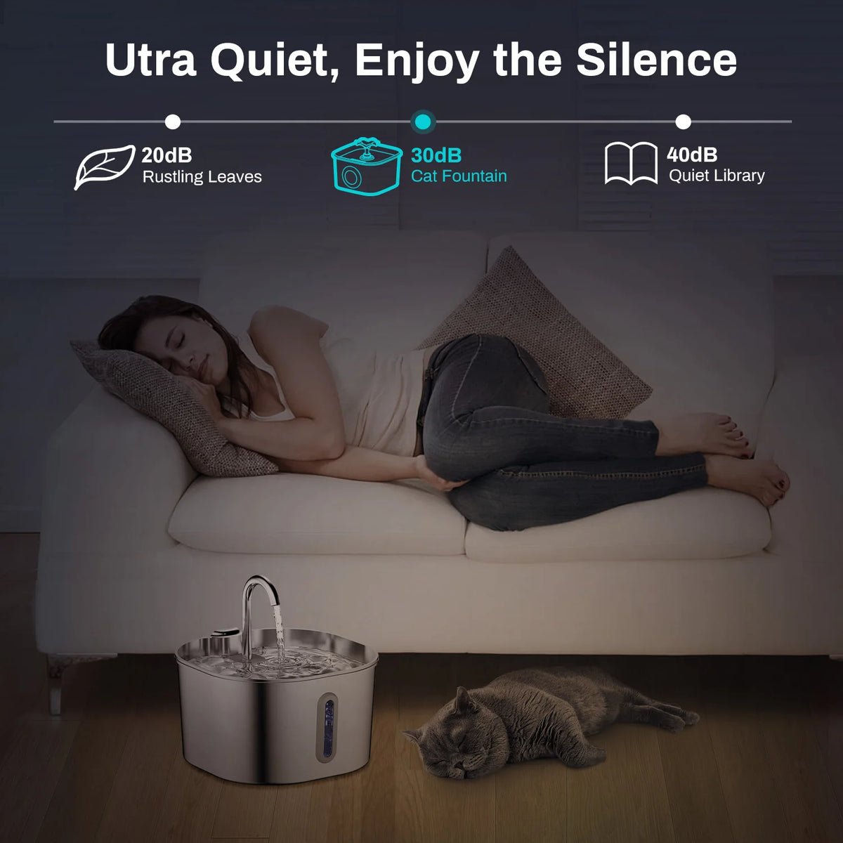 Cat Water Fountain — 2.2L Stainless Steel, Ultra Quiet | Yippo